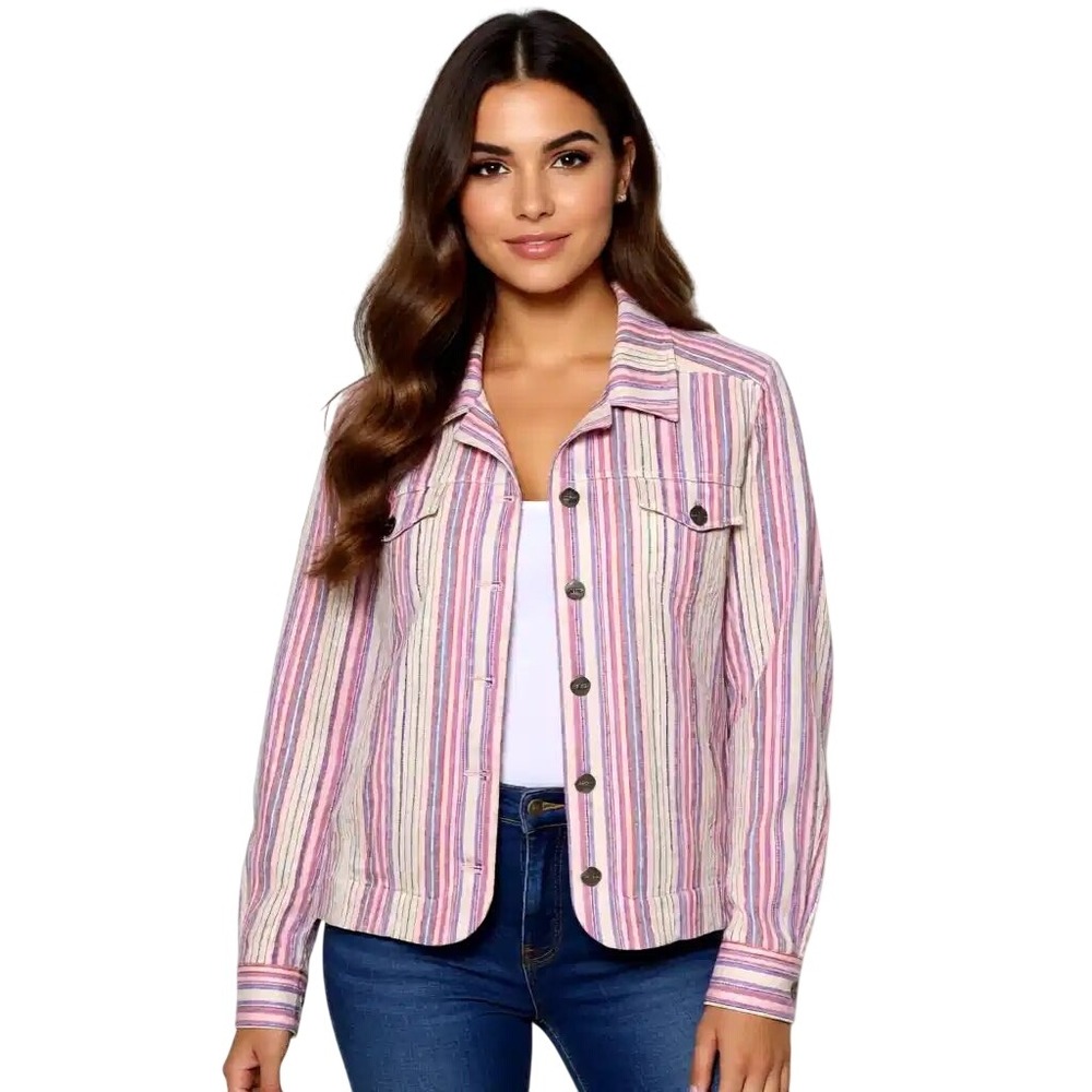 Christopher & Banks Pink Stripe Button Front Denim Jacket Women L